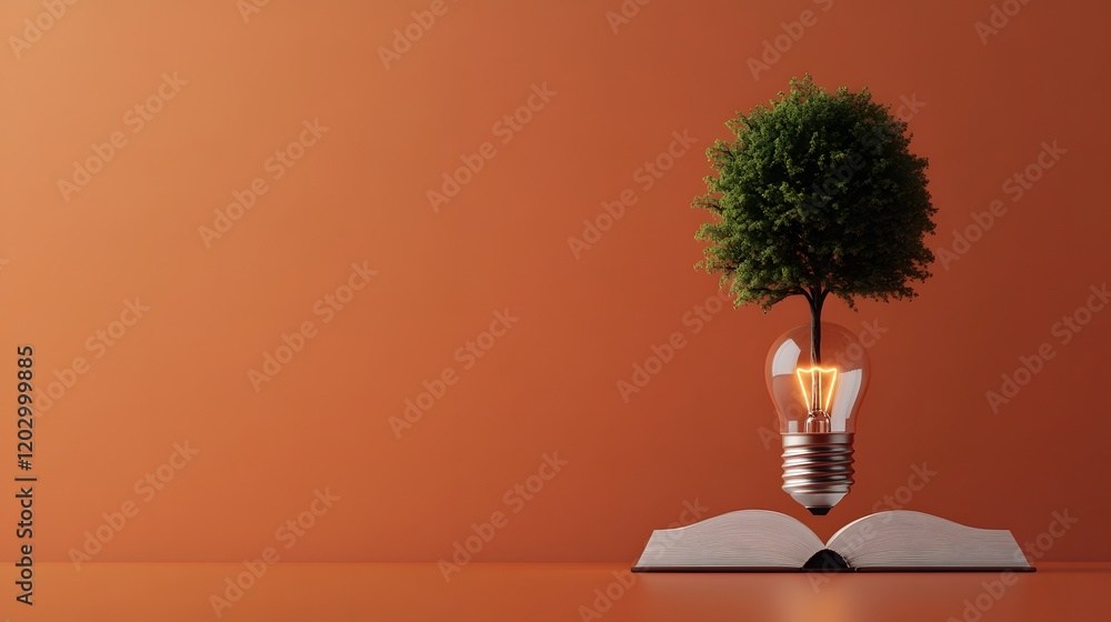 Poster light bulb with tree growing from open book on orange background