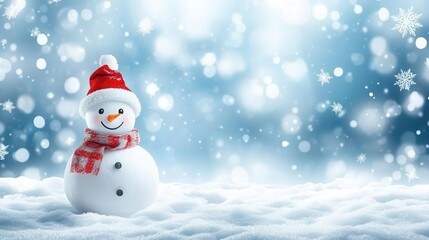 Fototapeta premium Winter scene showing a cute snowman wearing a hat and a scarf on a snowy background with a copy space