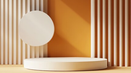 Minimalist Product Display: Abstract Orange and White Studio Backdrop with Cylindrical Platform and Circular Element