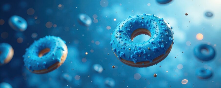 Blue colored flying doughnuts moving quickly through air, doughnut, speed