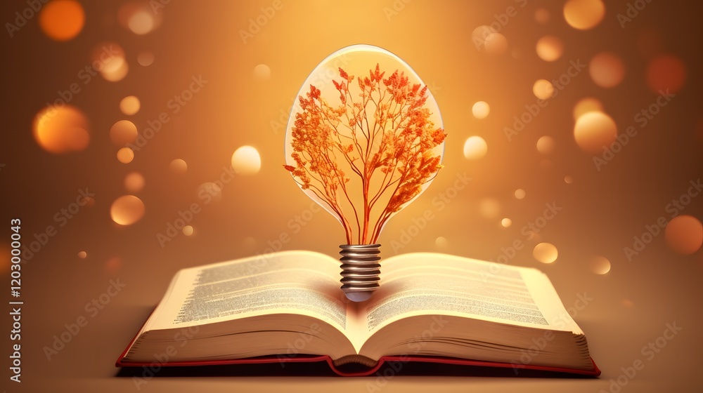 Poster light bulb with tree and open book in dreamy orange background