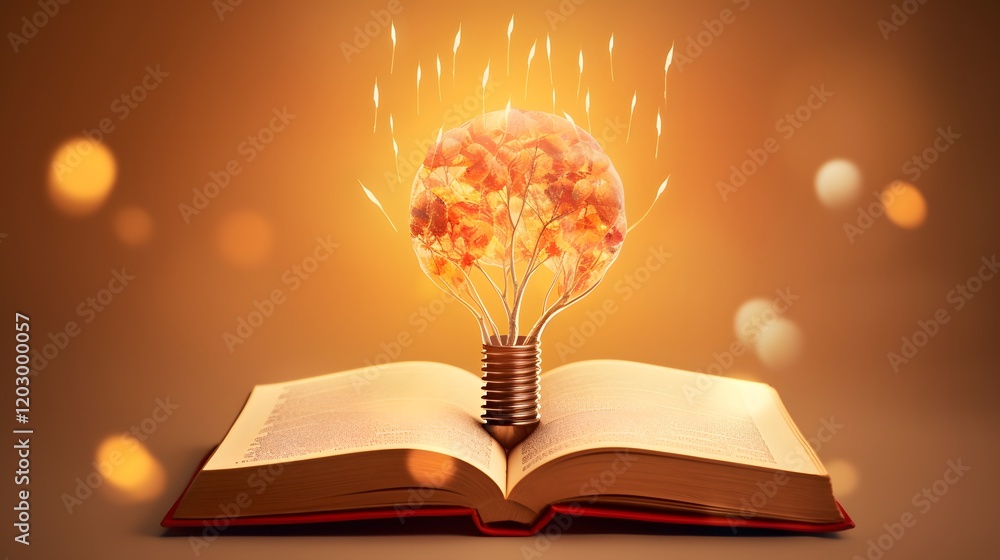 Poster light bulb brain idea emerges from open book with sparkling effects