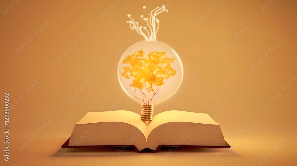 Poster light bulb with tree growing from open book on yellow background