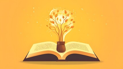 Open Book with Light Bulb and Plant Illustrating Knowledge Growth
