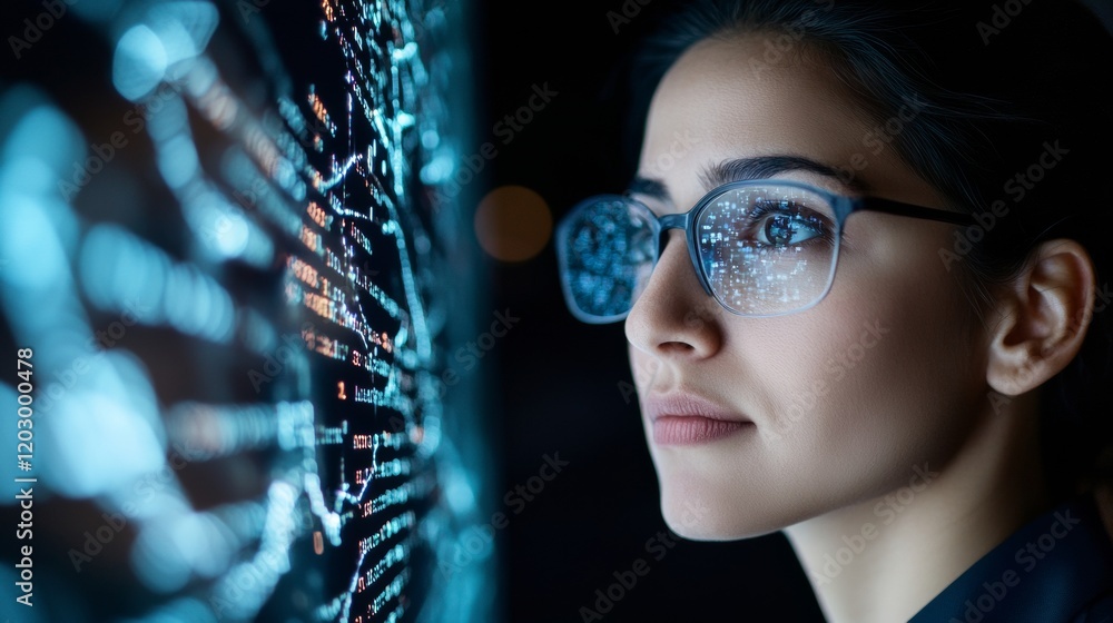 Aufkleber Futuristic Coding Workspace Indian Female Developer Navigating Complex Code on Smart Surface - Tech Innovation and Dynamic Digital Solutions for Modern IT Environments