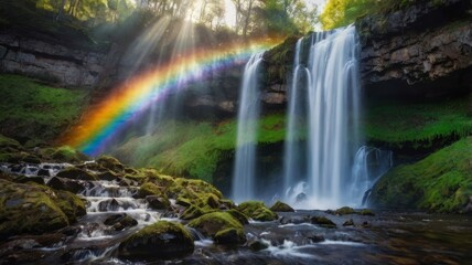 Obraz premium Majestic Waterfall with Rainbow and Sun Rays cascading through lush greenery