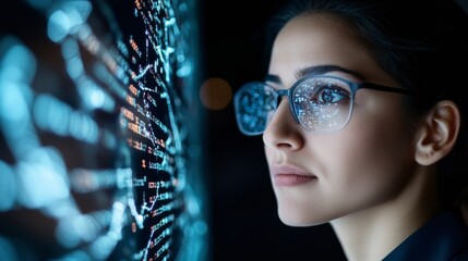Futuristic Coding Workspace Indian Female Developer Navigating Complex Code on Smart Surface - Tech Innovation and Dynamic Digital Solutions for Modern IT Environments