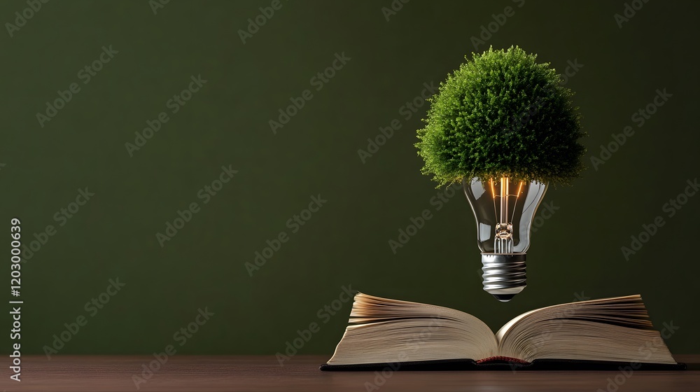 Poster light bulb with tree top on open book representing fresh ideas