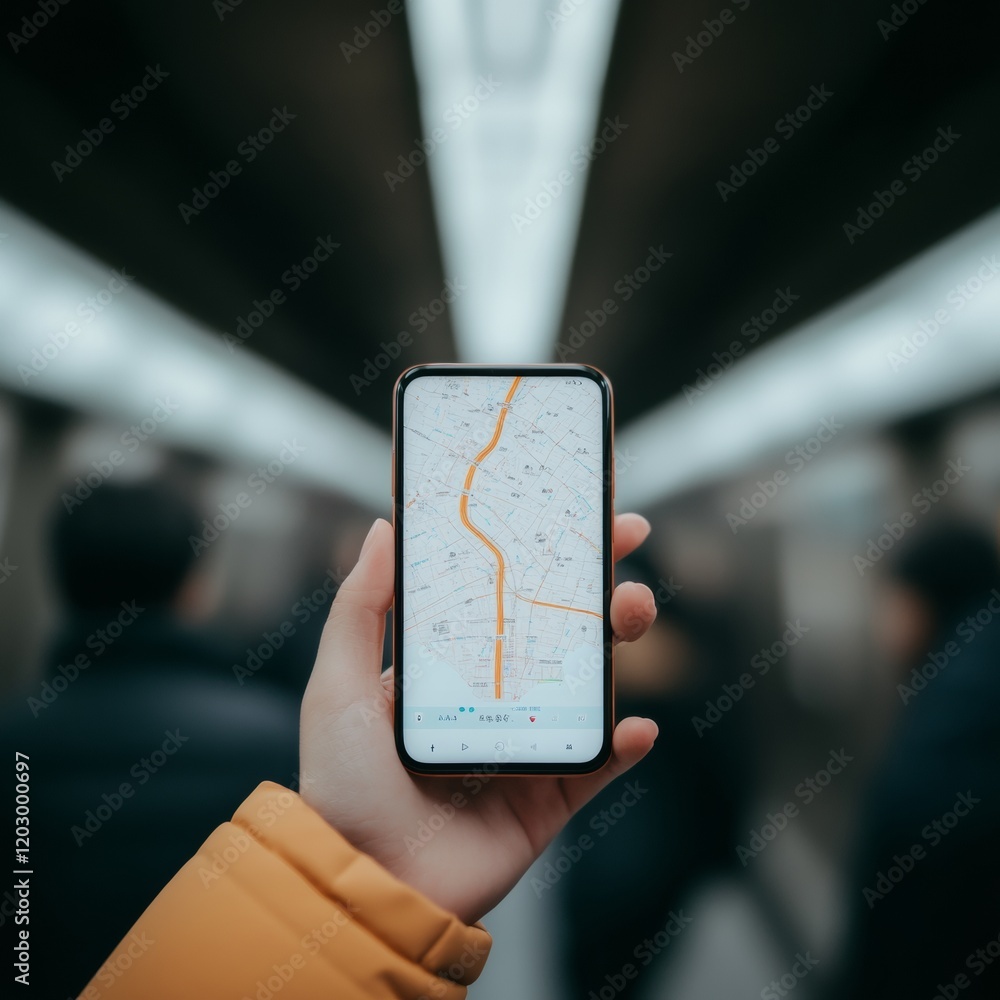Aufkleber Smart Navigation in Urban Mobility Minimalist Smartphone Display with Traffic and Points of Interest - Digital Commuting Solutions for Modern Transit Efficiency