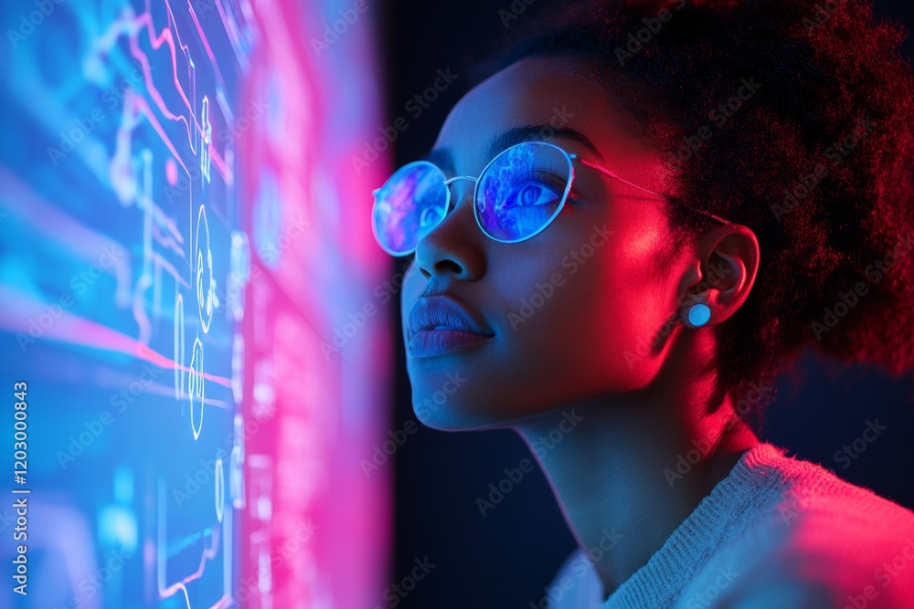 Poster futuristic digital art innovation multi-ethnic group engages interactive neon display for dynamic cr