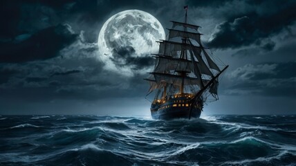 Ghostly Galleon Sails Under a Brooding Moonlit Sky on a Turbulent Sea