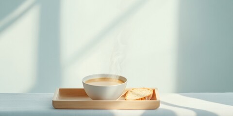 Fototapeta premium Rustic Minimalist Table Setting Creamy Pumpkin Soup and Crusty Bread on Wooden Tray - Hygge-Inspired Culinary Art and Seasonal Dining Experience