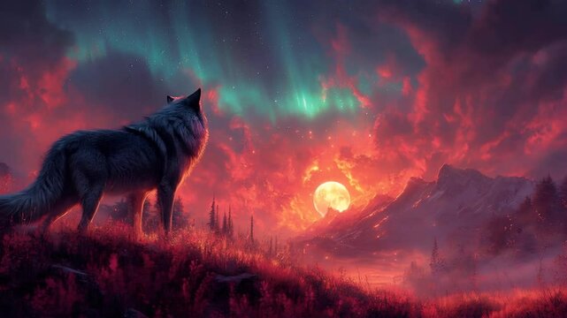 wolf howling at the sunset
