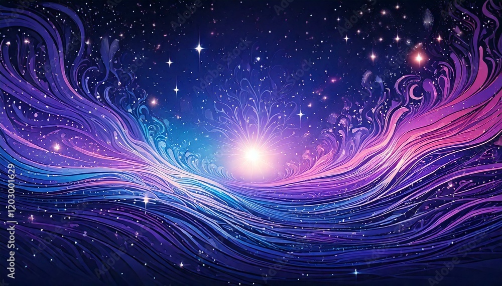 Poster a magical abstract design with glowing star patterns, whimsical lines, and a gradient sky transition