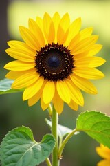 Fototapeta premium large bright yellow sunflower with big dark brown center, blossoms, yellow