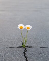 Naklejka premium Resilient Urban Flora Vibrant Wildflowers Breaking Through Concrete Textures - Inspiring Eco Marketing and Sustainable Urban Planning Visuals