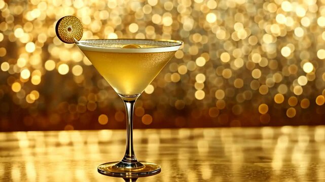 luxurious Golden Martini Cocktail on table with bokeh gold light backgorund, dreamy 