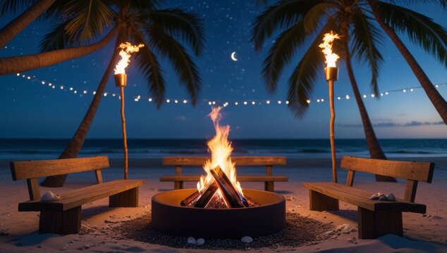 Beach bonfire gathering with tiki torches under a starry night sky
