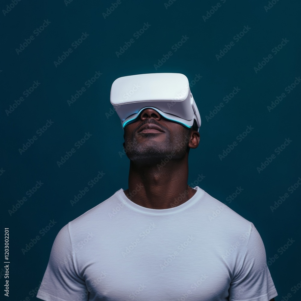 Aufkleber futuristic vr experience athletic mixed race man engaging with virtual reality headset in dynamic bl