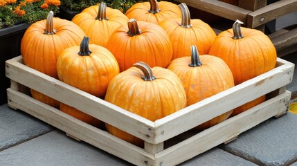 A Wooden Crate Filled With Ripe Orange Pumpkins