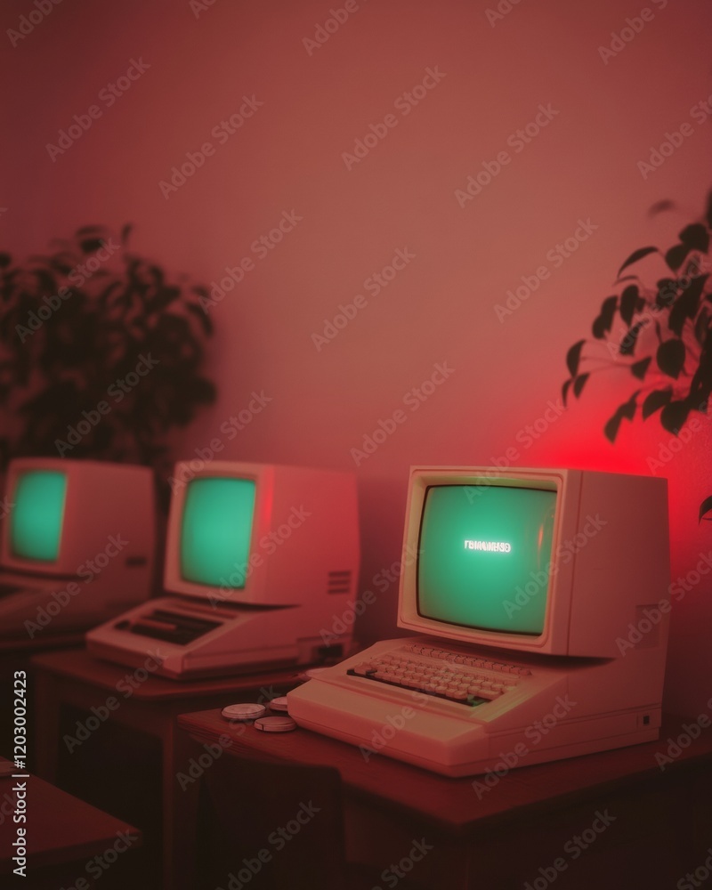 Poster retro tech revival vintage computers and glowing monitors in cinematic spaces for trendy digital mar