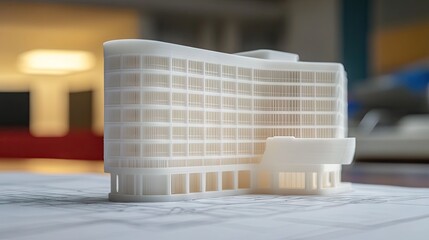 A D printed building model placed next to its corresponding blueprint.