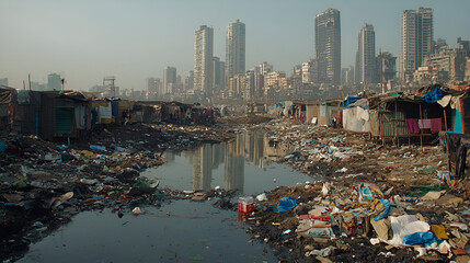 Obraz premium Slums reflect modern city skyline, India