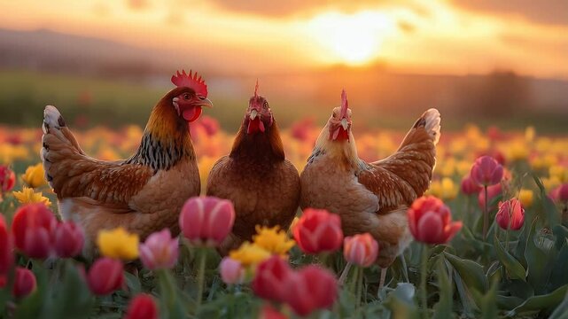 A group of cute hens in the beautiful nature