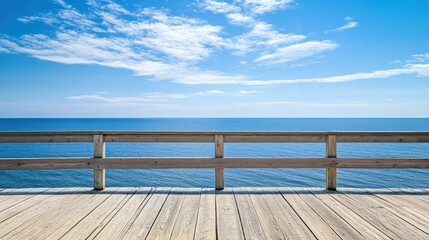 Fototapeta premium Wooden Deck Overlooks Tranquil Blue Ocean Under Sunny Skies