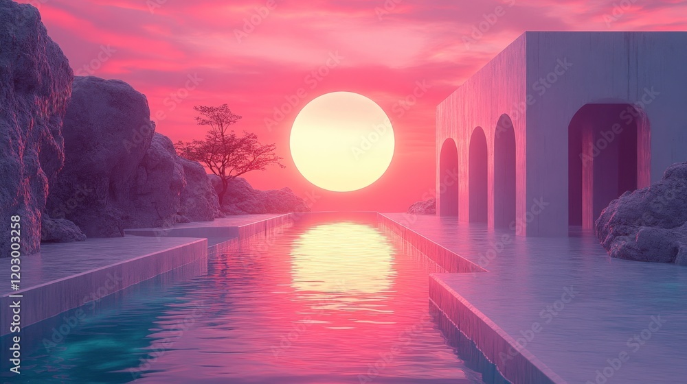 Poster sunset poolside minimalist architecture