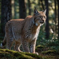 Fototapeta premium Capture a lynx walking gracefully in a forest, side-view, taken with a DSLR and featuring a blurred natural background.