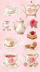 Obraz premium Watercolor illustration of British afternoon tea,tea break in the English style,tea set with Afternoon tea stand with macaroons and scone,cake,cup of tea,Tea time dessert table,vintage style.
