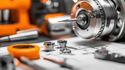 A detailed industrial drawing on drafting paper with precision tools nearby.