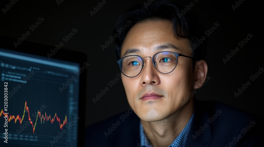 Poster Modern E-Procurement Workspace Korean Businessman with Analytics on Screen - Digital Transparency and Government Contracts in the Tech-Driven Office Environment
