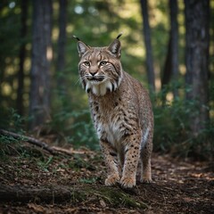 Take a high-quality image of a bobcat mid-step in a side pose, shot with a DSLR and a blurred wooded backdrop.