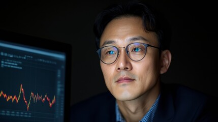 Modern E-Procurement Workspace Korean Businessman with Analytics on Screen - Digital Transparency and Government Contracts in the Tech-Driven Office Environment