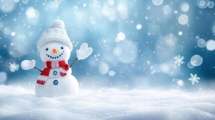 Fototapeta premium Winter scene showing a cute snowman wearing a hat and a scarf on a snowy background with a copy space