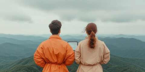 Fototapeta premium Nature Trek Tech Korean Couple Navigates Mountain Trails with Digital Tablet Map - Modern Adventure Tourism and Geolocation Tools for Outdoor Enthusiasts