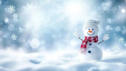Fototapeta premium Winter scene showing a cute snowman wearing a hat and a scarf on a snowy background with a copy space