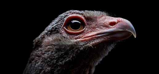 Close up portrait of a turkey vulture with detailed feathers and beak isolated against black background