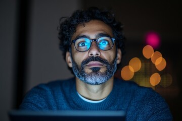Contemporary Urban Finance Young Indian Man with Glasses Analyzing Digital Stock Charts on Tablet - Modern Investment Strategies in Urban Cityscape
