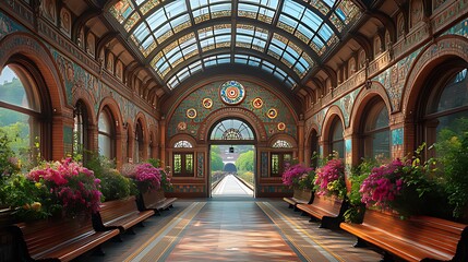 Ornate train station hall, floral decor, sunny day, garden view, travel