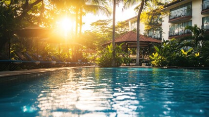 Tropical Resort Pool Sunset Scene With Lounge Chairs