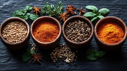 Fototapeta premium Aromatic Spices and Herbs in Wooden Bowls on Dark Background