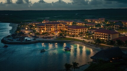 Illuminated Resort Buildings at Dusk Overlooking Calm Waters