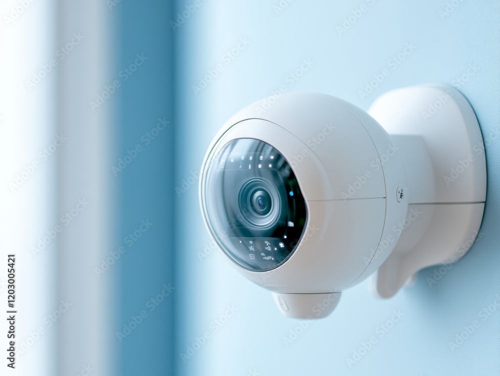 Poster modern minimalist smart surveillance integrated white security camera on soft blue wall for home saf