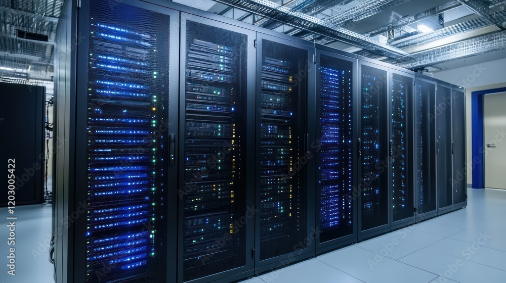 Poster illuminated server racks in modern data center room