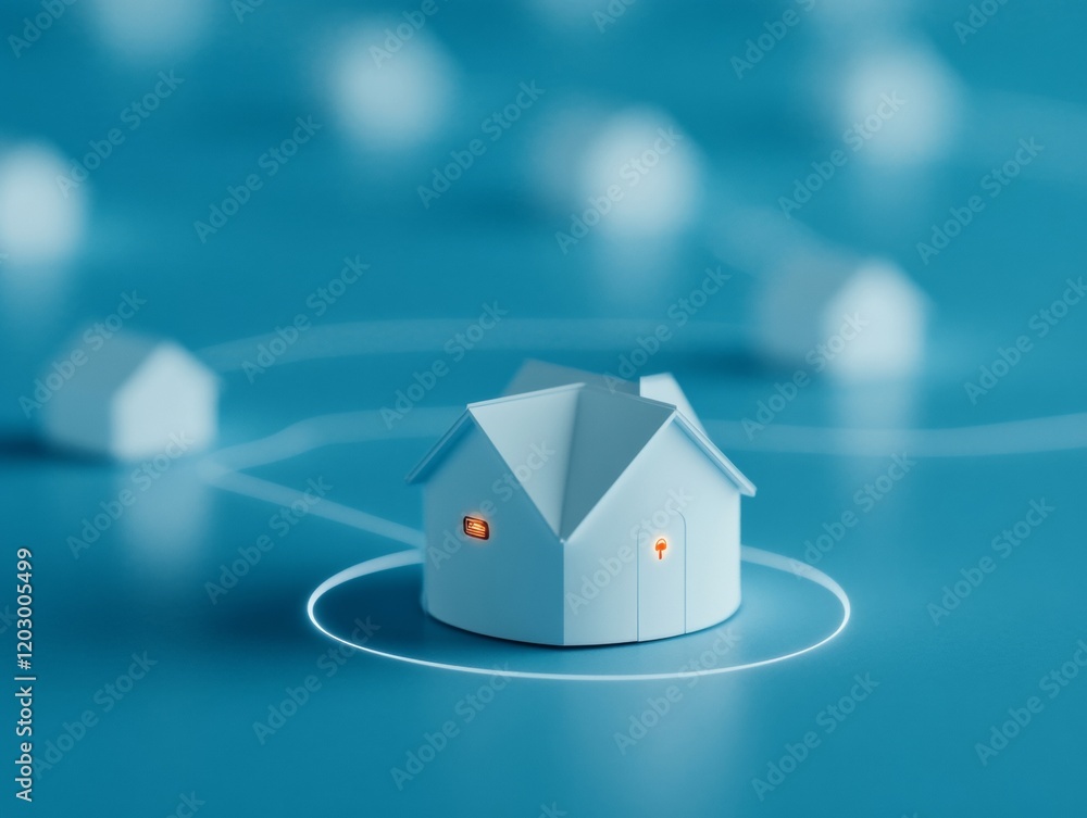 Aufkleber smart home security hub futuristic miniature house with digital network lights on smooth blue surfac