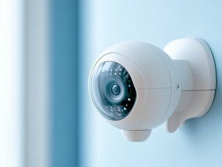 Modern Minimalist Smart Surveillance Integrated White Security Camera on Soft Blue Wall for Home Safety Solutions and Advanced Digital Monitoring in Tech-Driven Environments