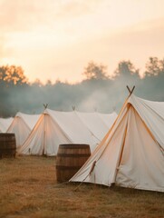 Vintage Heritage Camp Display Canvas Tents and Wooden Barrels for Authentic Historical Reenactment - Cultural Event Curation and Educational Content Creation